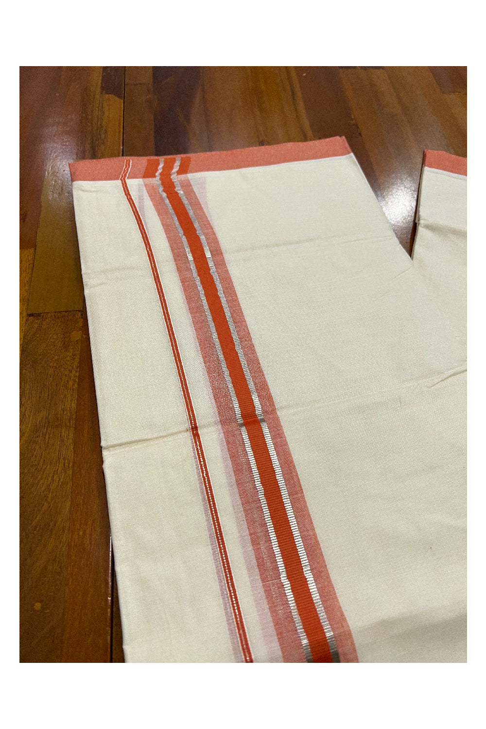 Pure Cotton Off White Double Mundu with Silver Kasavu and Orange Border (South Indian Kerala Dhoti)