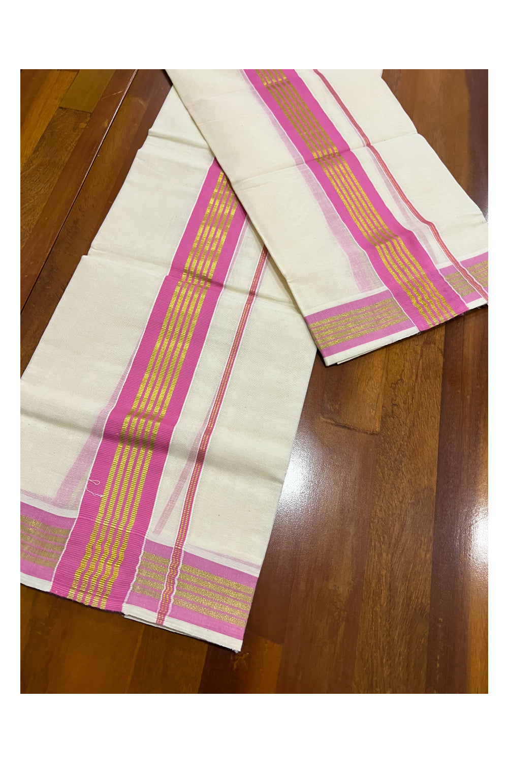 Pure Cotton Kerala Single Set Mundu (Mundum Neriyathum) with Pink and Kasavu Border 2.80 Mtrs