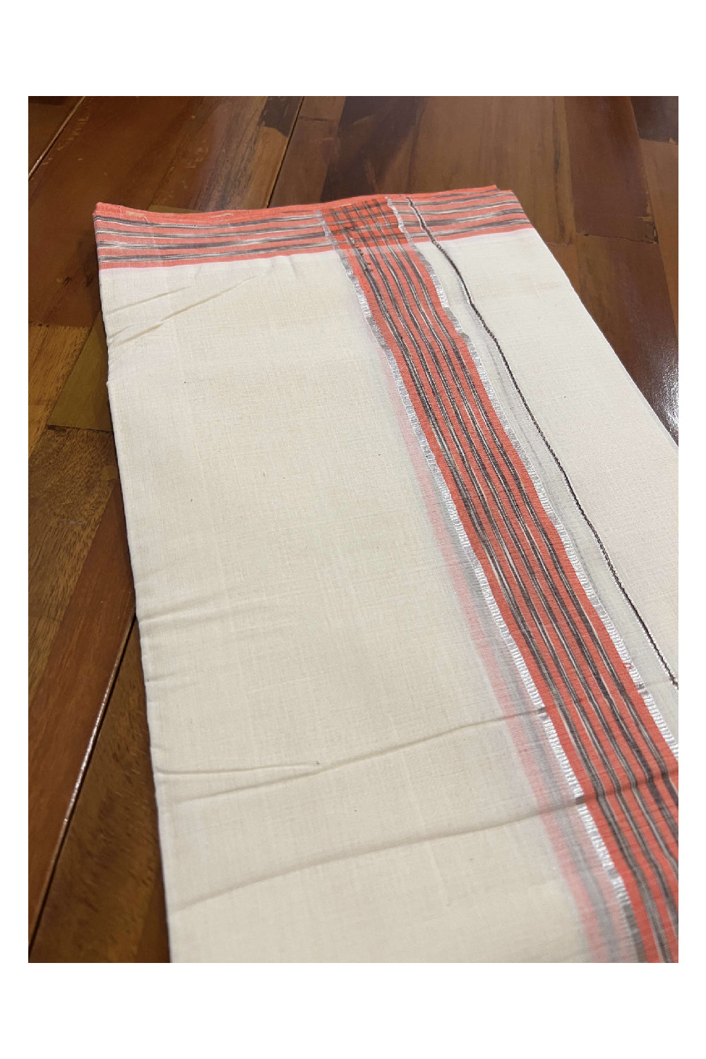 Southloom Balaramapuram Pure Cotton Handloom Mundu with Silver Kasavu and Orange Brown Lines Border