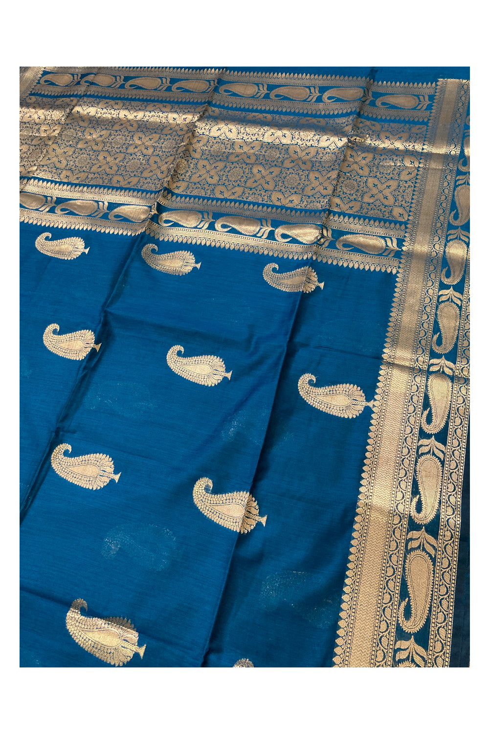 Southloom Blue Cotton Designer Saree with Kasavu Woven Works