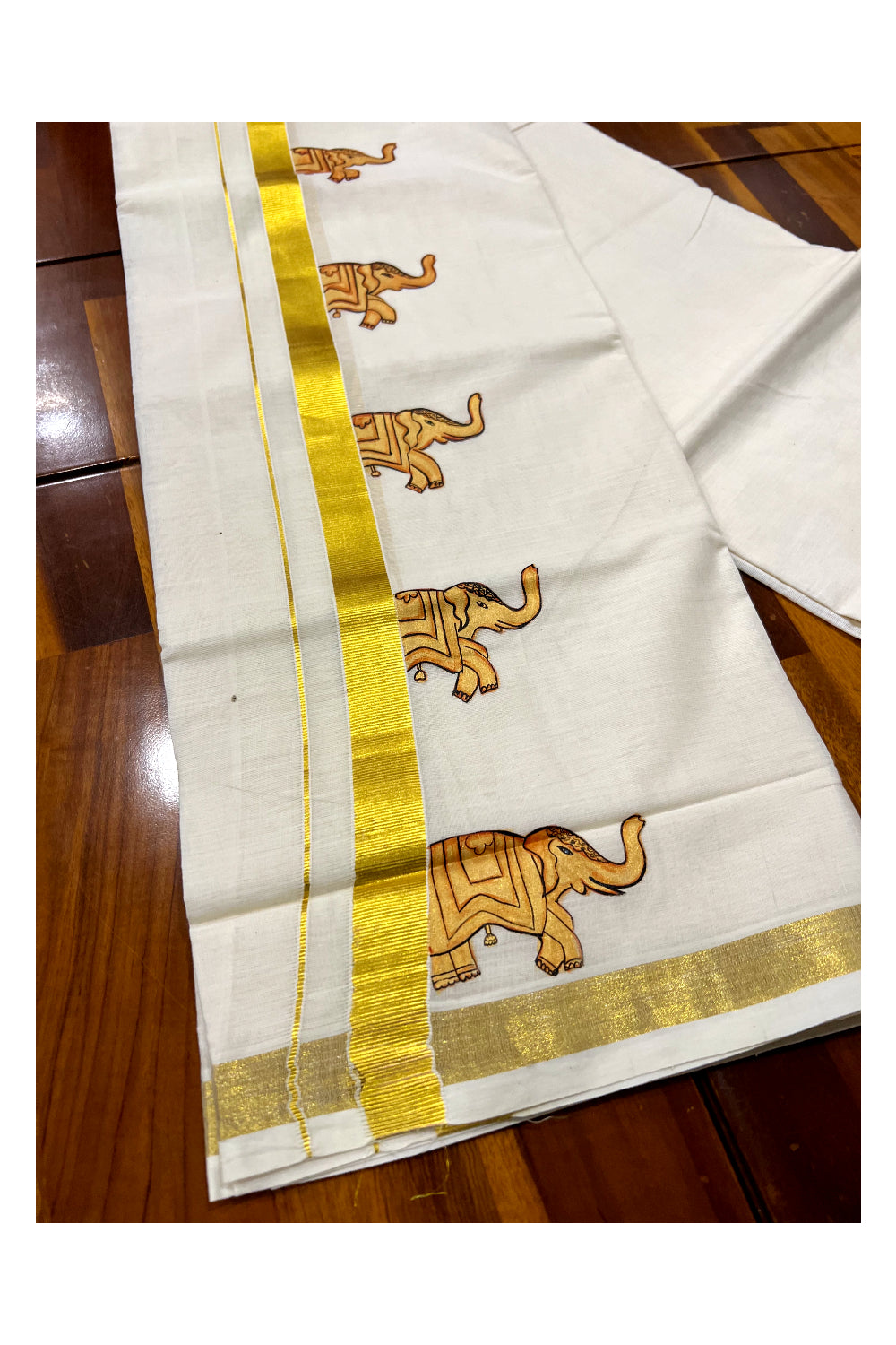 Pure Cotton Kasavu Mundu with Mural Hand Painted Elephant Design (South Indian Dhoti)