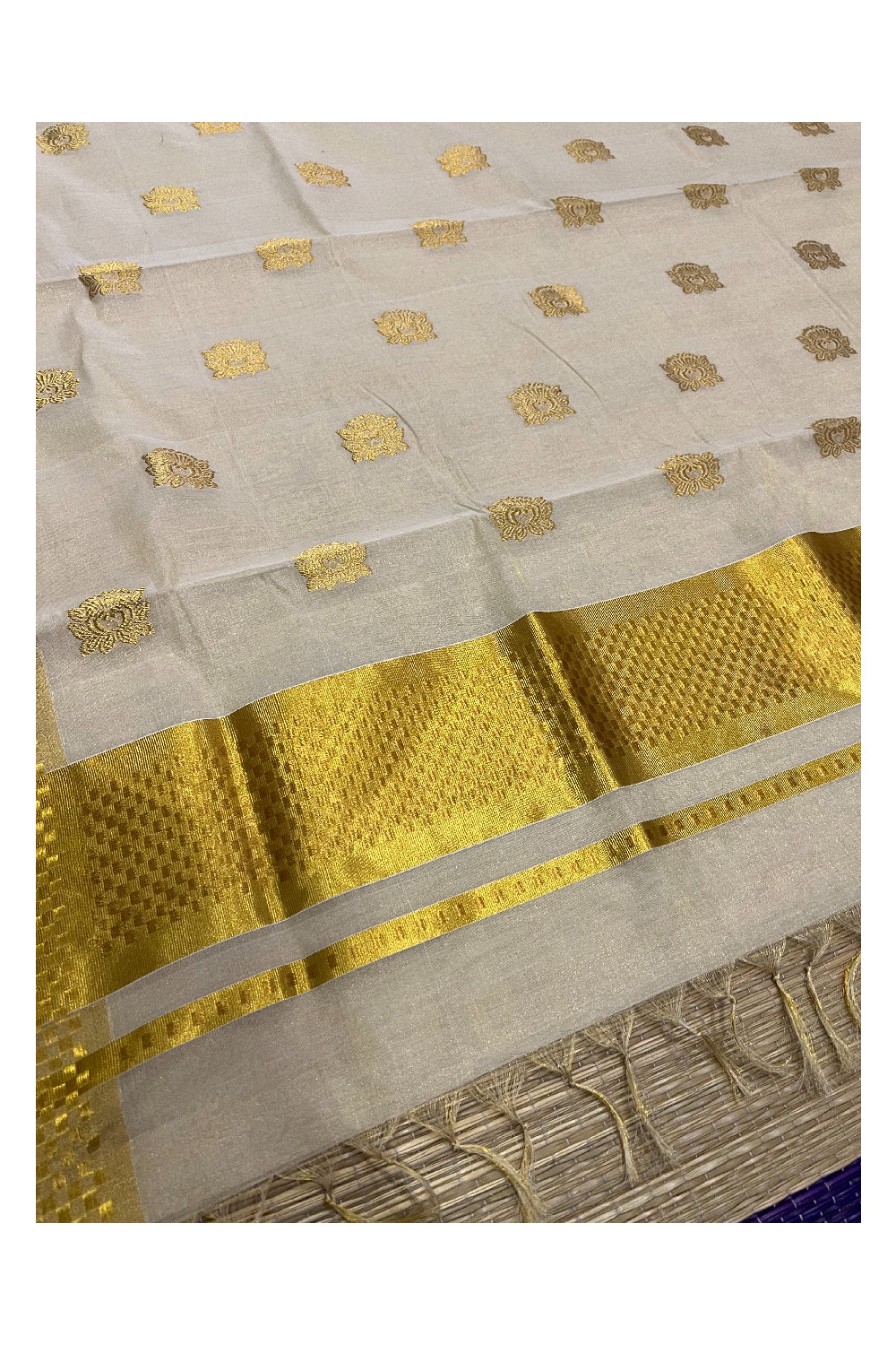 Southloom Premium Handloom Tissue Kasavu Saree with Paa Neythu Woven Border and Floral Works on Body