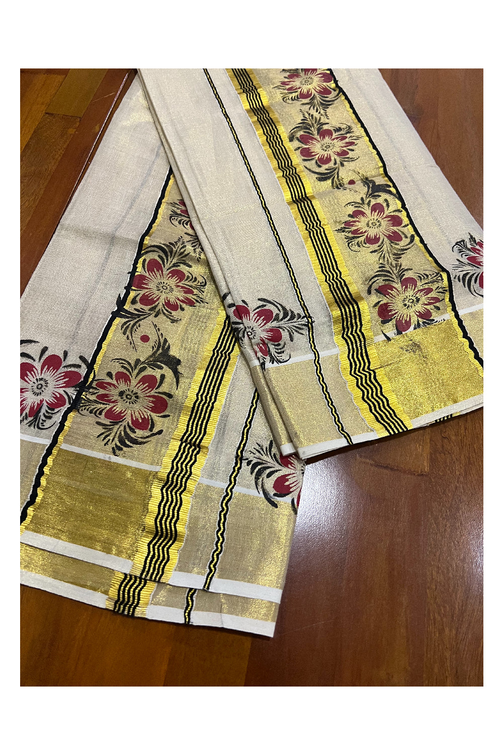 Kerala Tissue Kasavu Set Mundu (Mundum Neriyathum) with Black Red Floral Block Prints on Border