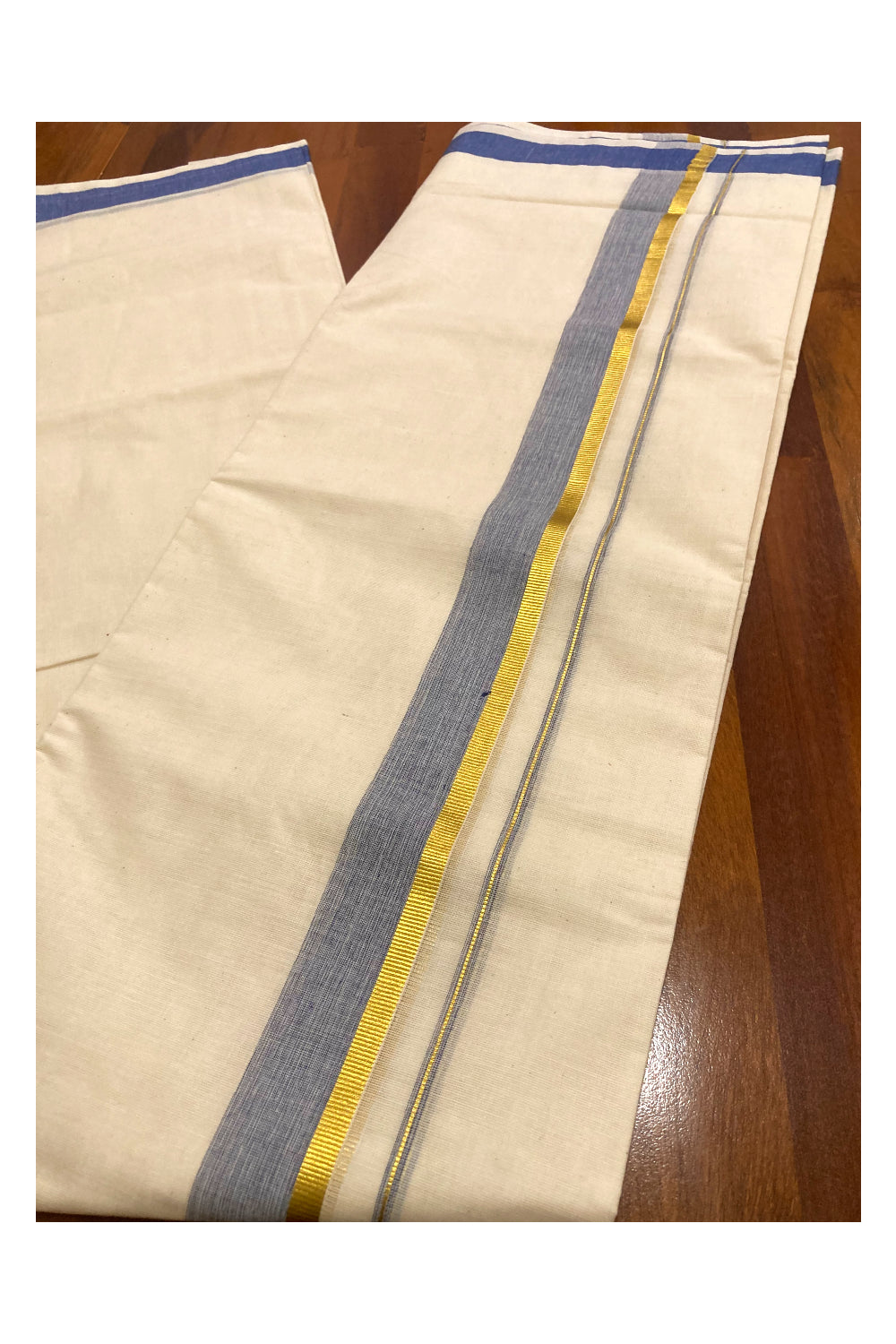 Pure Cotton Off White Double Mundu with Blue and Kasavu Border (South Indian Dhoti)