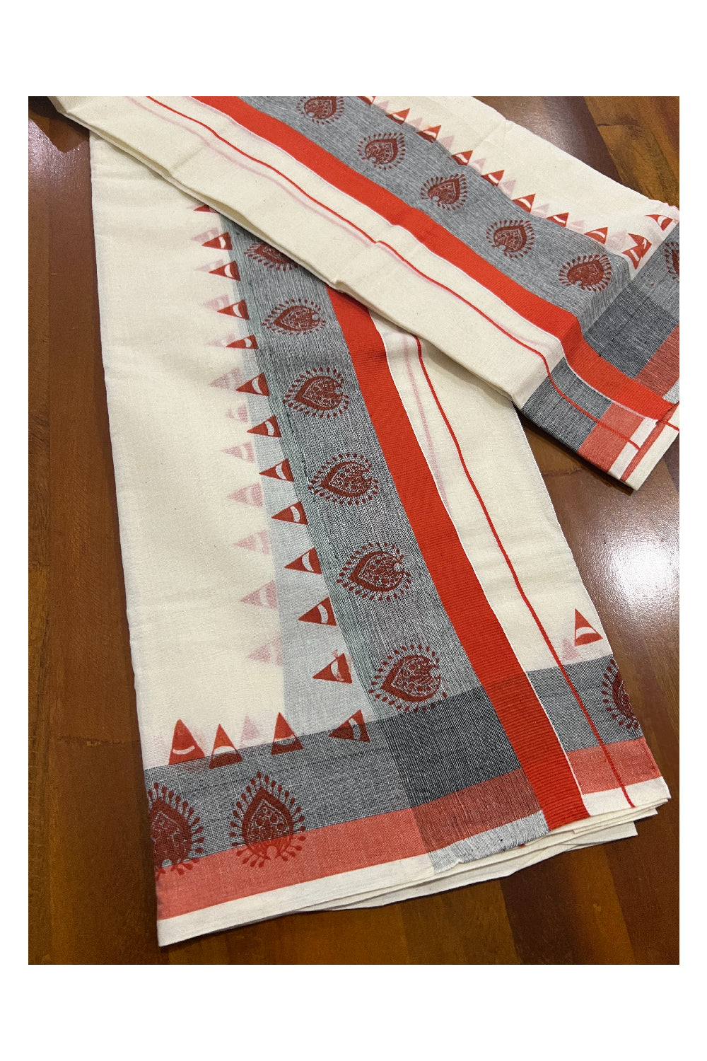 Kerala Cotton Set Mundu (Mundum Neriyathum) with Orange Block Prints on Border