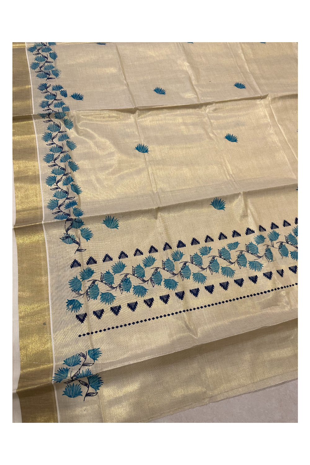 Kerala Tissue Kasavu Saree with Blue Floral Block Printed Design Border