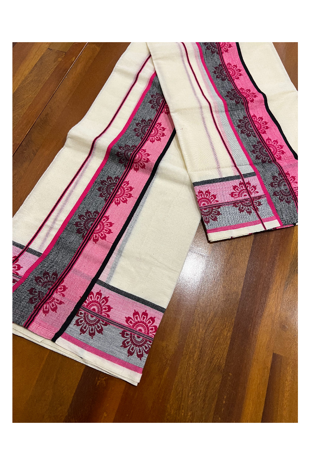 Kerala Cotton Set Mundu (Mundum Neriyathum) with Floral Block Prints on Pink and Black Border