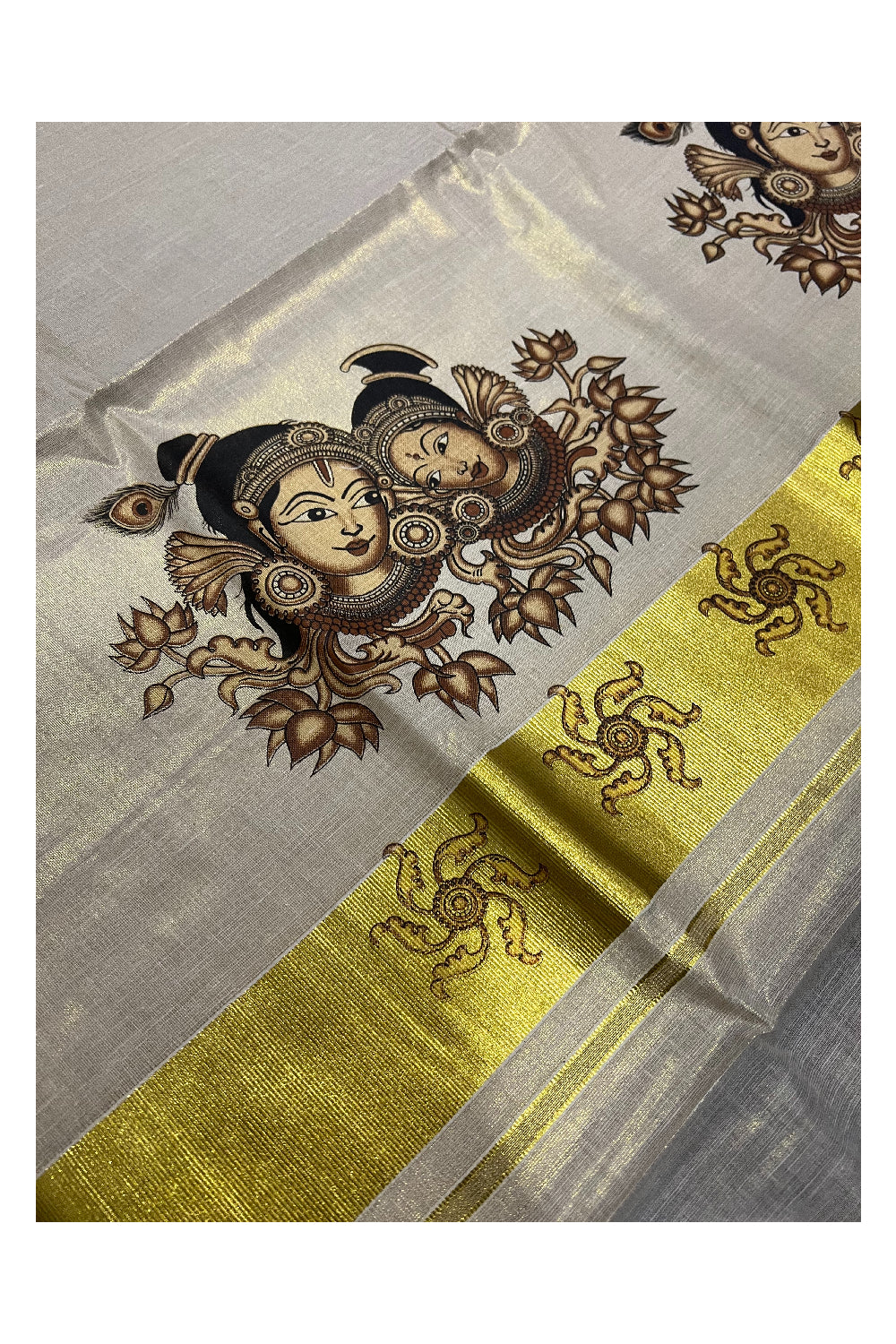 Kerala Tissue Kasavu Saree With Mural Krishna Radha Face Design and Printed Border