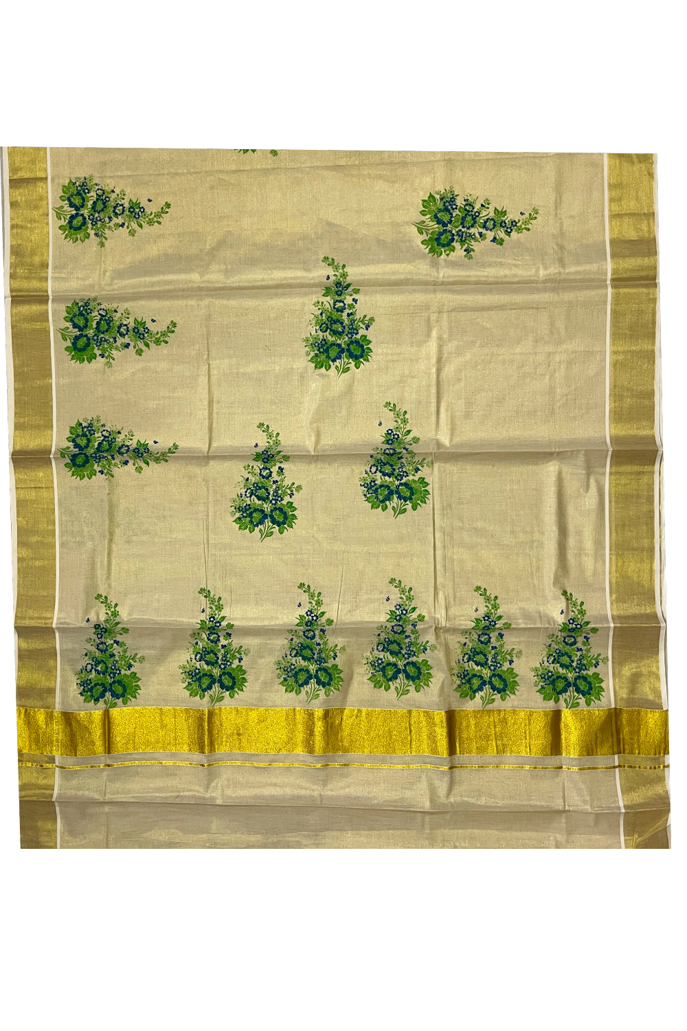 Kerala Tissue Kasavu Saree with Green Floral Block Printed Design