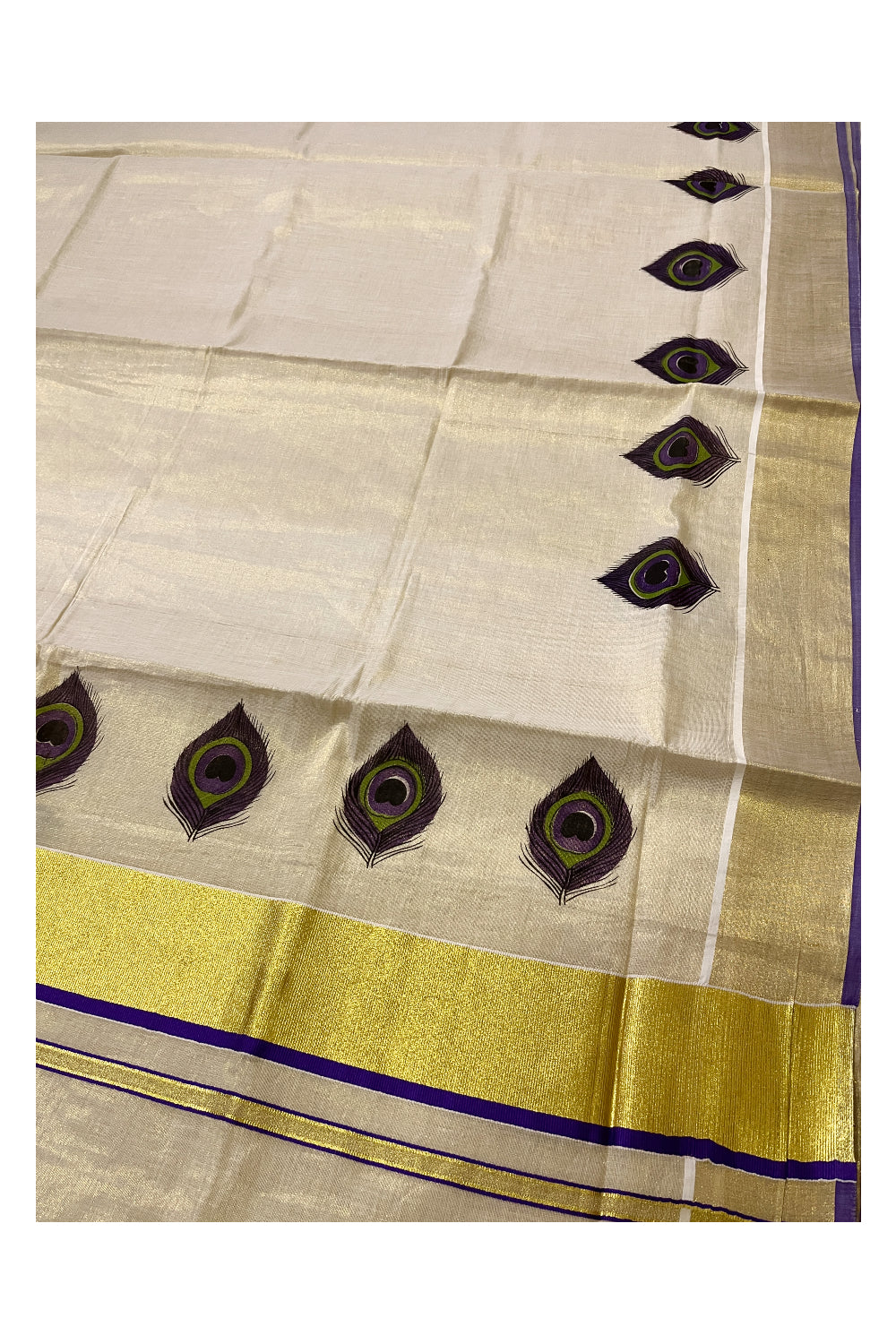 Kerala Tissue Kasavu Violet Feather Block Printed Design Saree