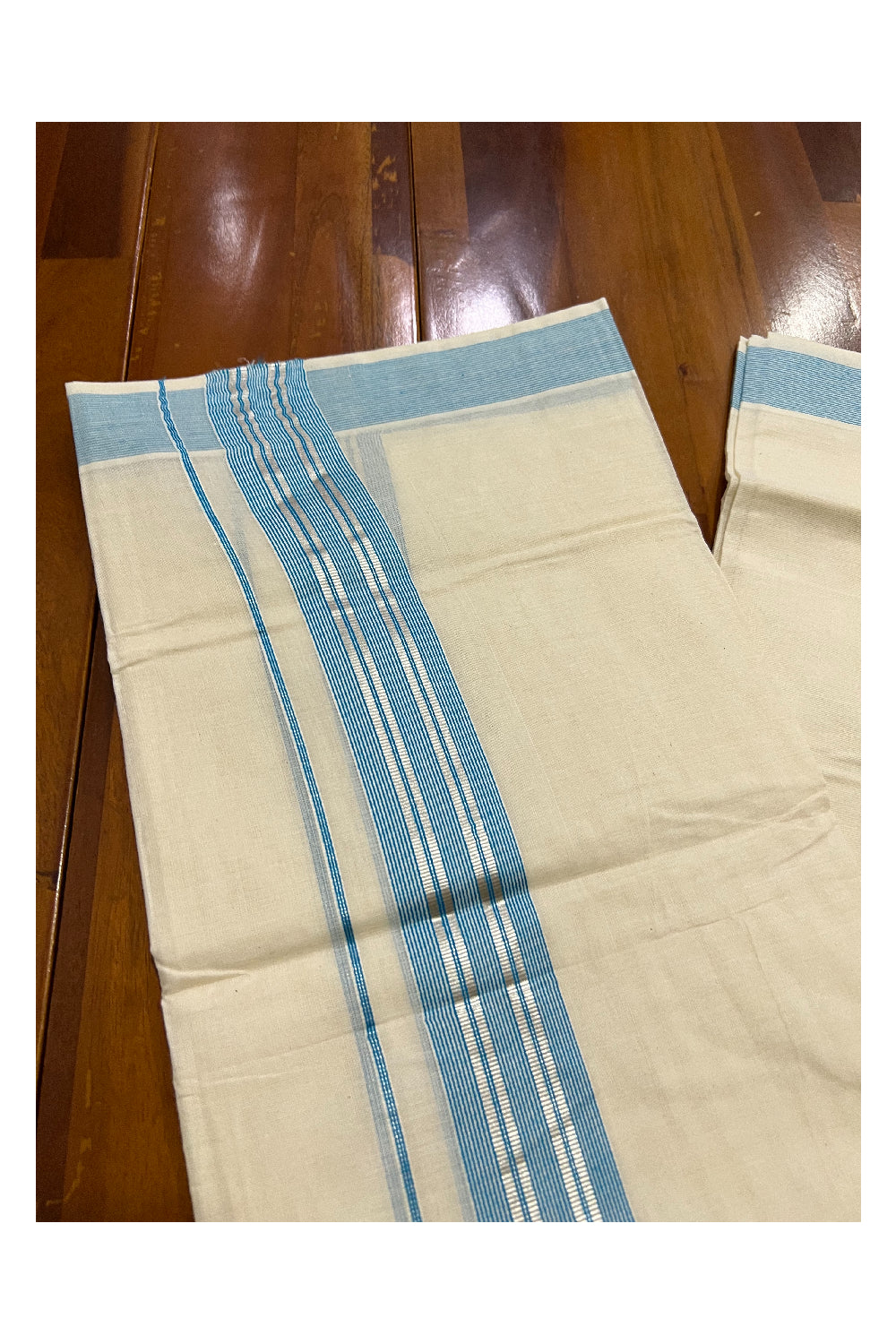 Off White Kerala Double Mundu with Silver Kasavu and Light Blue Line Border (South Indian Dhoti)