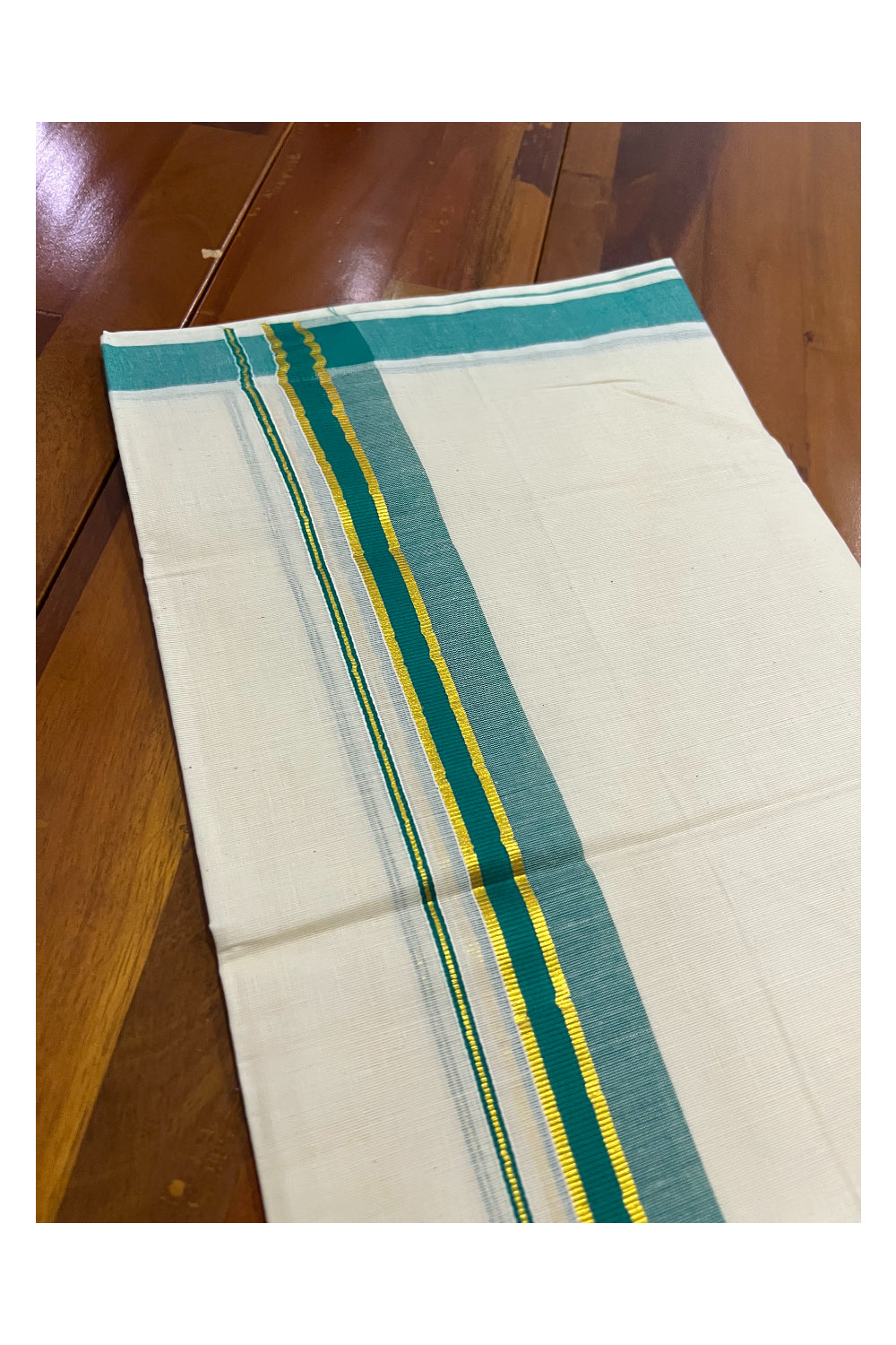 Off White Pure Cotton Double Mundu with Kasavu and Green Kara (South Indian Dhoti)