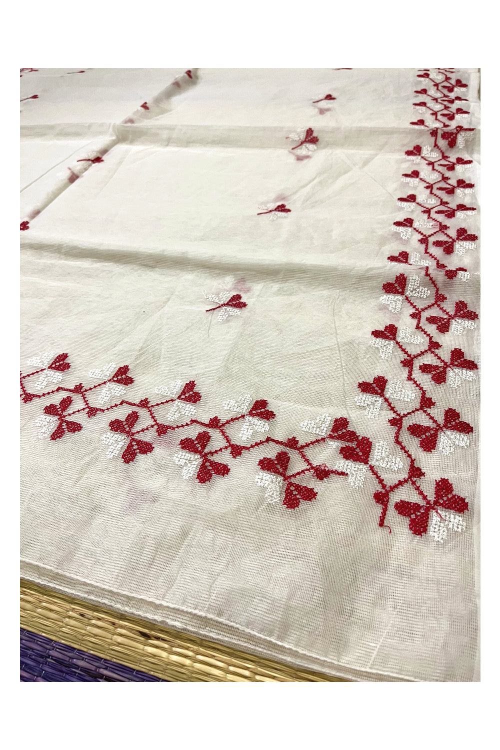 Southloom Net Kota Pure White Saree with Designer Red Floral Thread works on Body