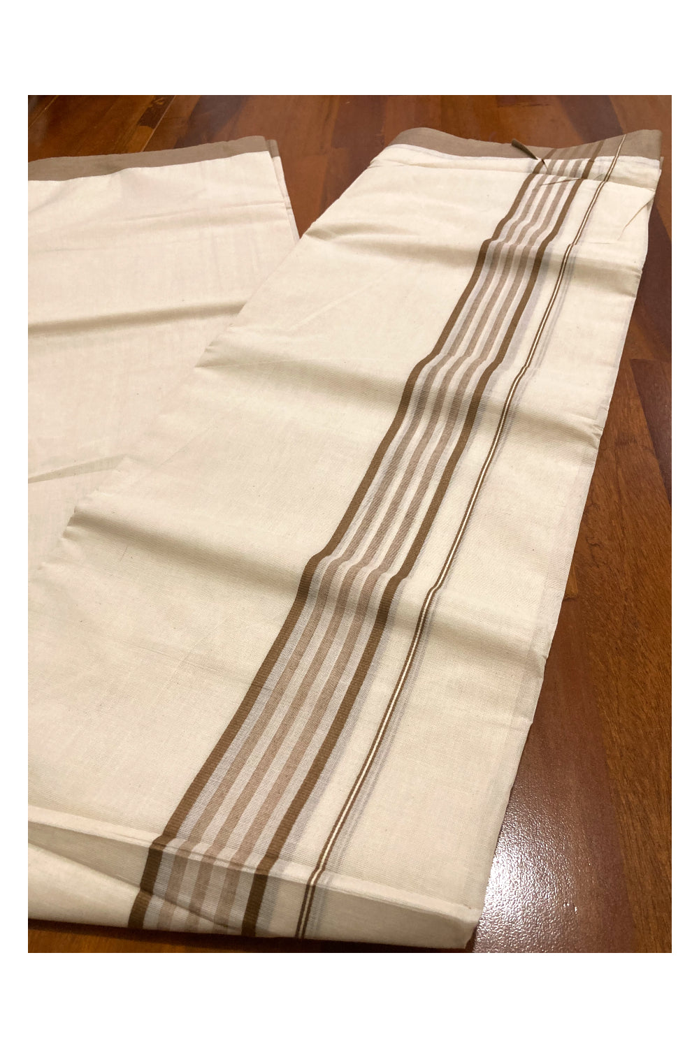 Off White Kerala Double Mundu with Brown Lines Border (South Indian Dhoti)