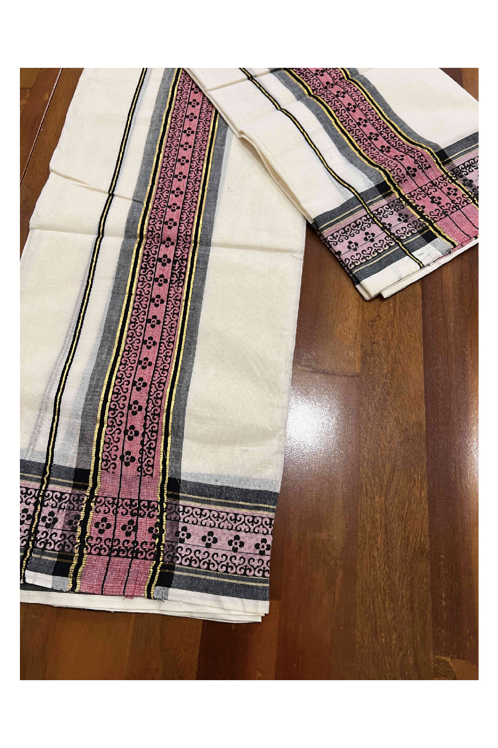 Kerala Cotton Set Mundu (Mundum Neriyathum) with Kasavu Red and Black Block Print Border