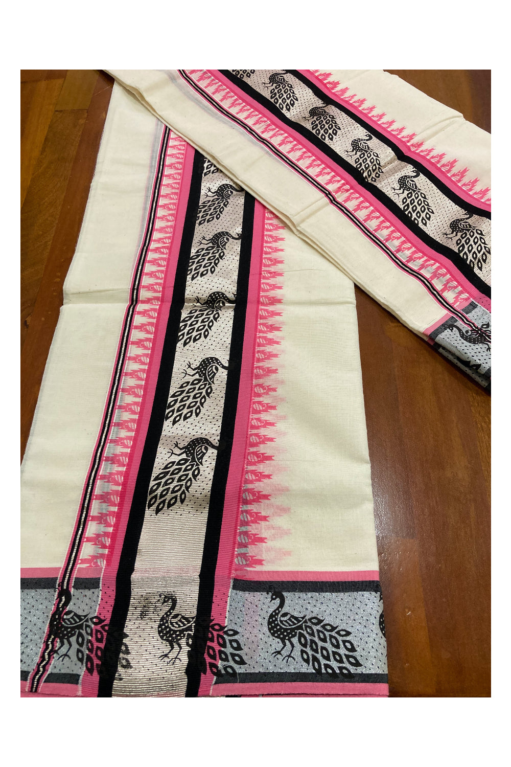 Cotton Silver Kasavu Set Mundu (Mundum Neriyathum) with Black and Pink Block Prints on Border 2.80 Mtrs