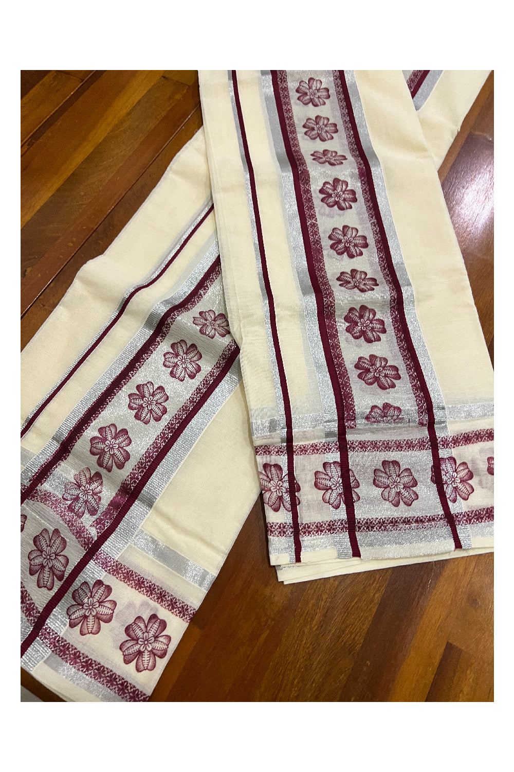 Cotton Silver Kasavu Set Mundu (Mundum Neriyathum) with Maroon Floral Block Prints on Border