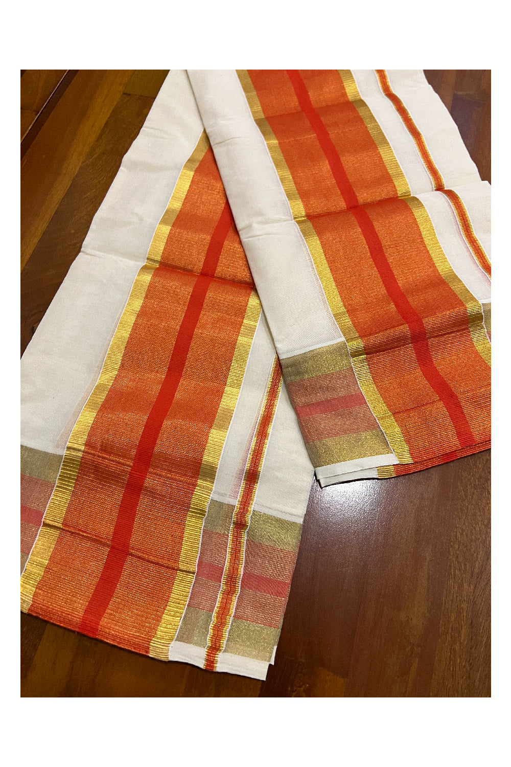 Pure Cotton Kerala Single Set Mundu (Mundum Neriyathum) with Orange and Kasavu Border 2.80 Mtrs