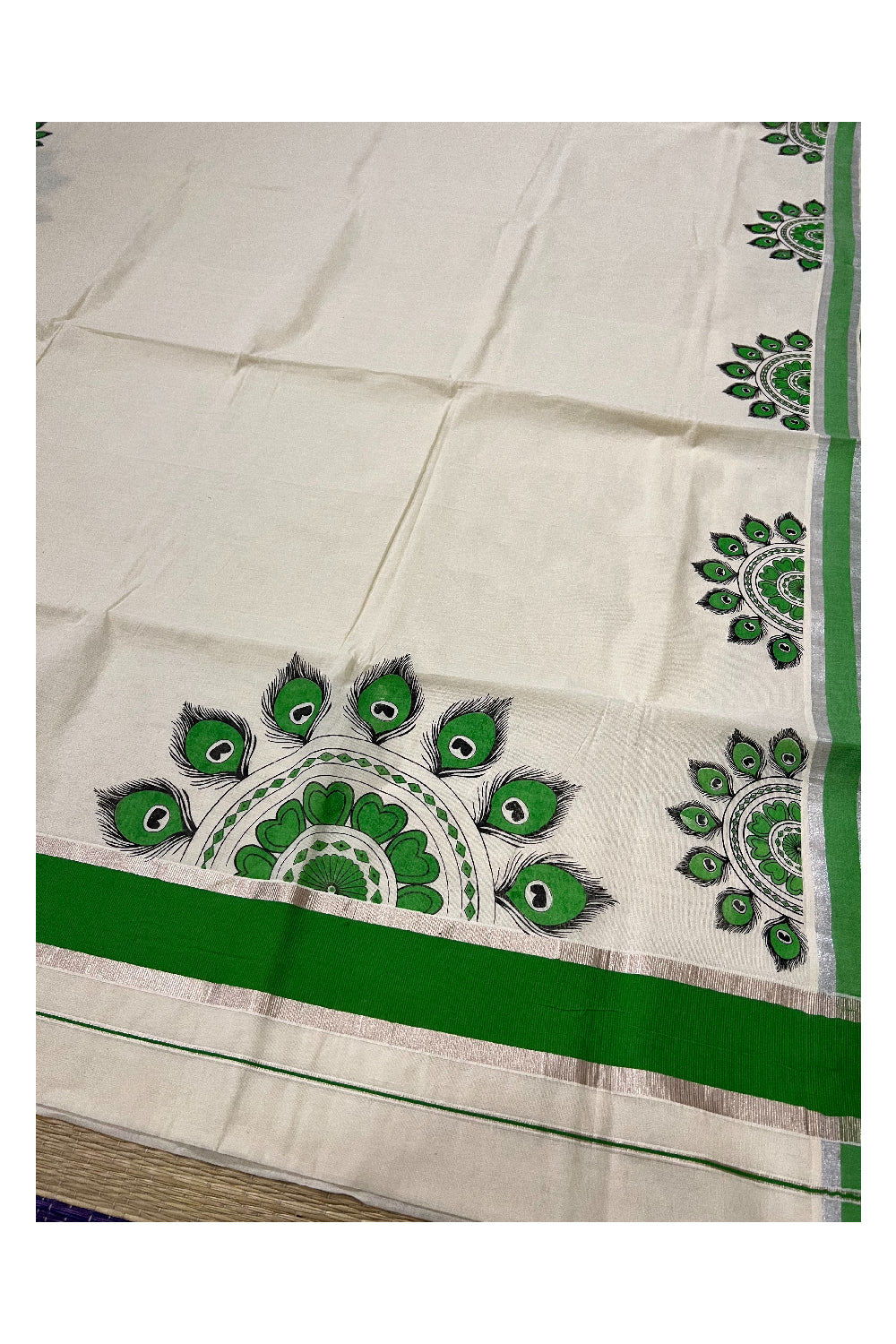 Pure Cotton Kerala Saree with Mural Printed Light Green Feather Semi Circle in Light Green and Silver Kasavu Border