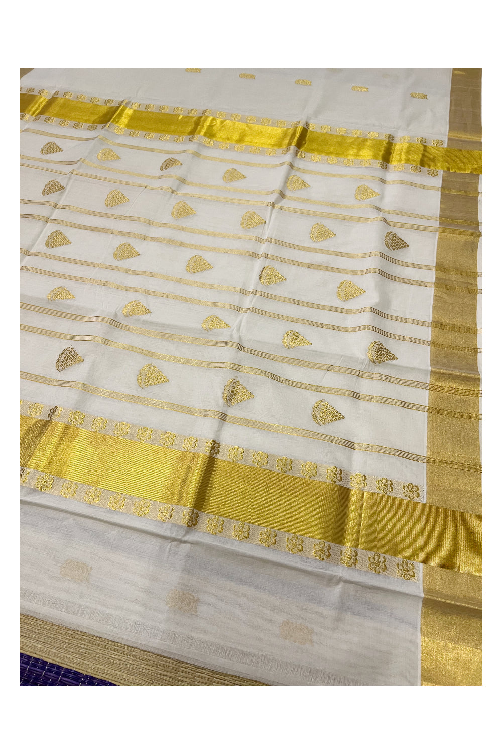 Southloom™ Premium Handloom Cotton Kasavu Heavy Woven Work Saree