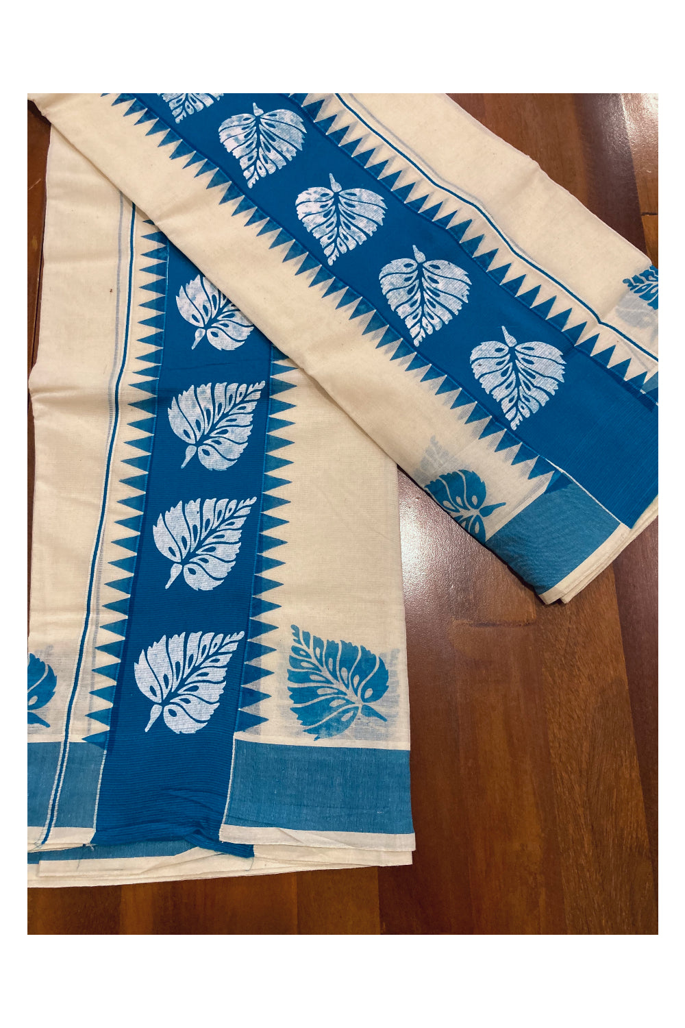 Kerala Cotton Set Mundu (Mundum Neriyathum) with White Leaf Block Prints on Blue Temple Border