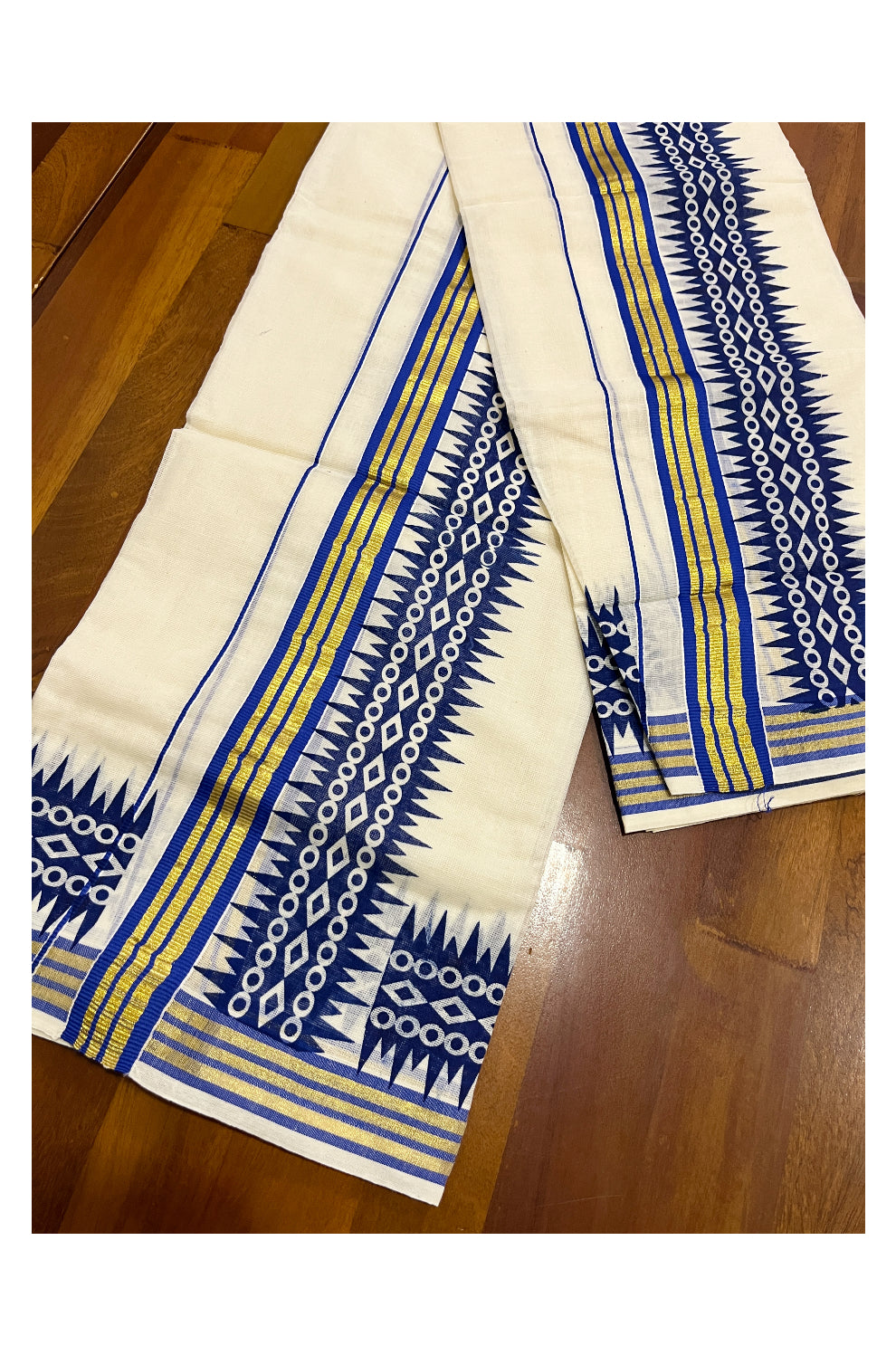 Pure Cotton Kasavu Single Set Mundu (Mundum Neriyathum Vishu 2023) with Blue Temple Block Prints on Border