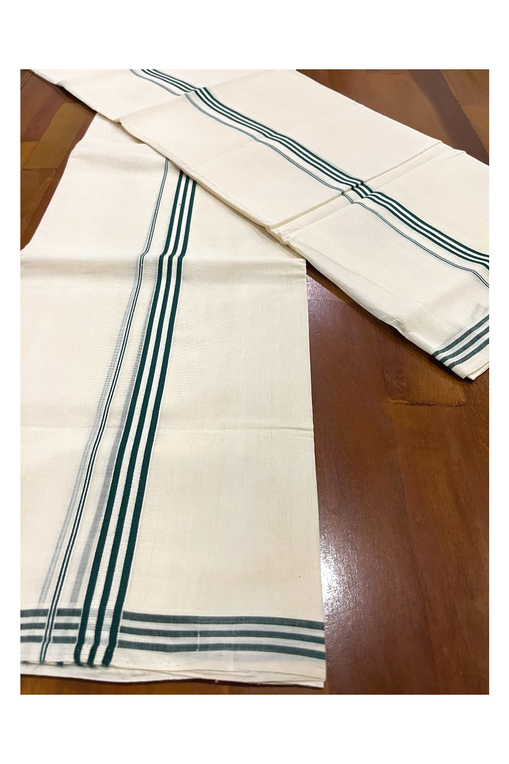 Southloom Premium Handloom Single Set Mundu (Mundum Neriyathum) with Green Lines Border