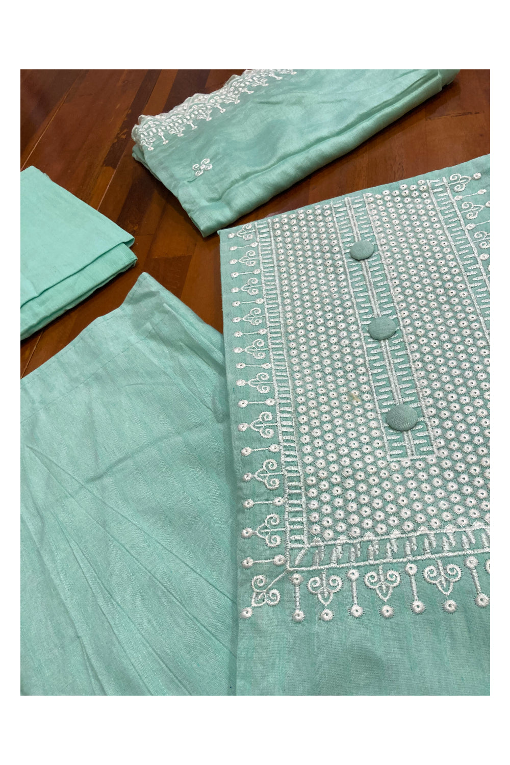 Southloom™ Cotton Churidar Salwar Suit Material in Green with White Thread work Design