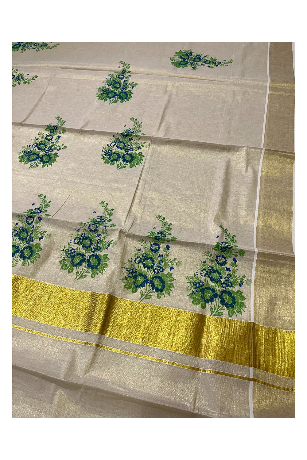 Kerala Tissue Kasavu Saree with Green Floral Block Printed Design