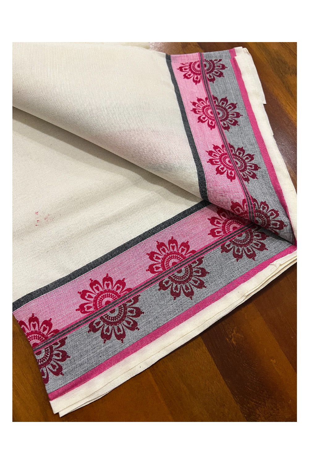 Kerala Cotton Set Mundu (Mundum Neriyathum) with Floral Block Prints on Pink and Black Border