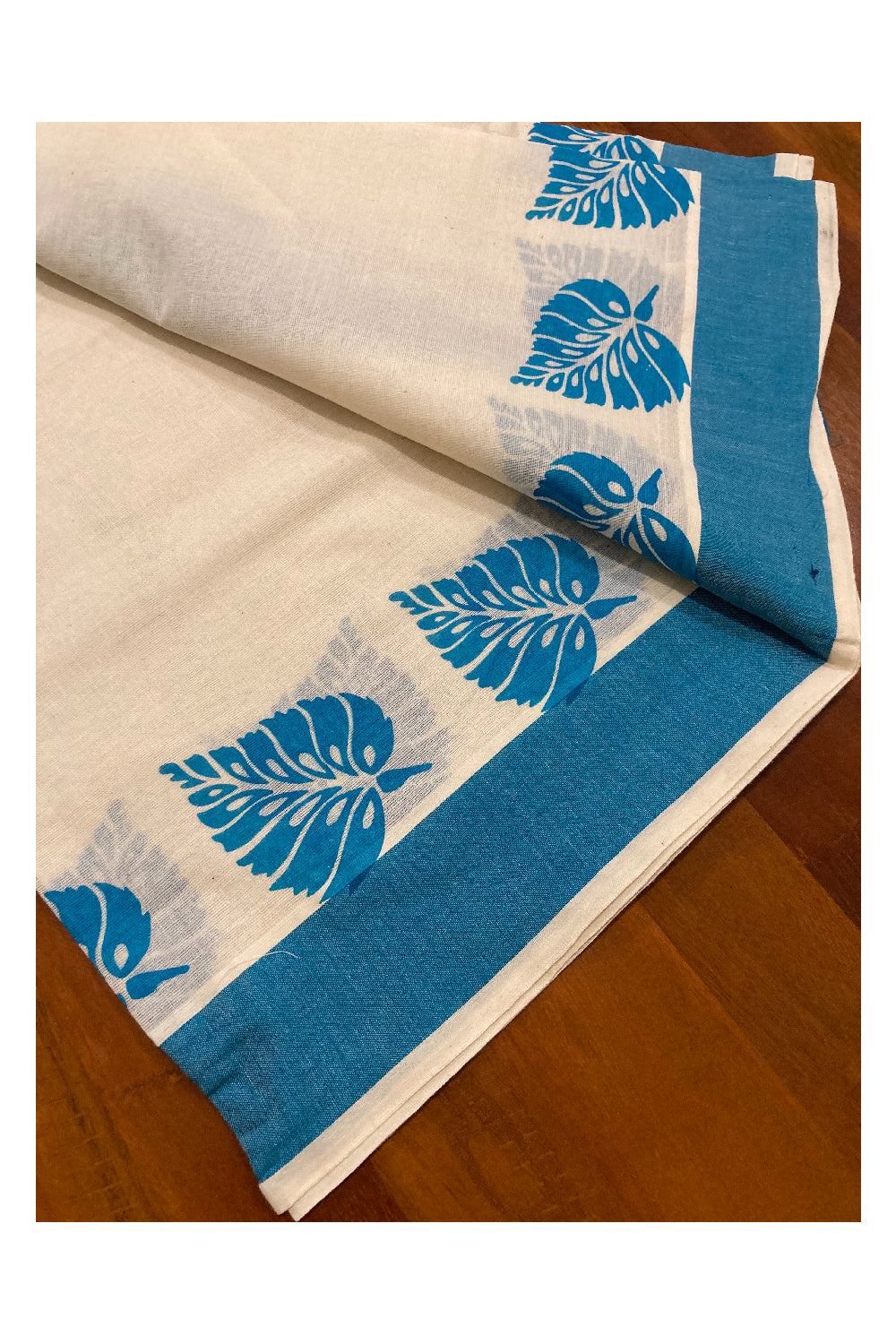 Kerala Cotton Set Mundu (Mundum Neriyathum) with White Leaf Block Prints on Blue Temple Border