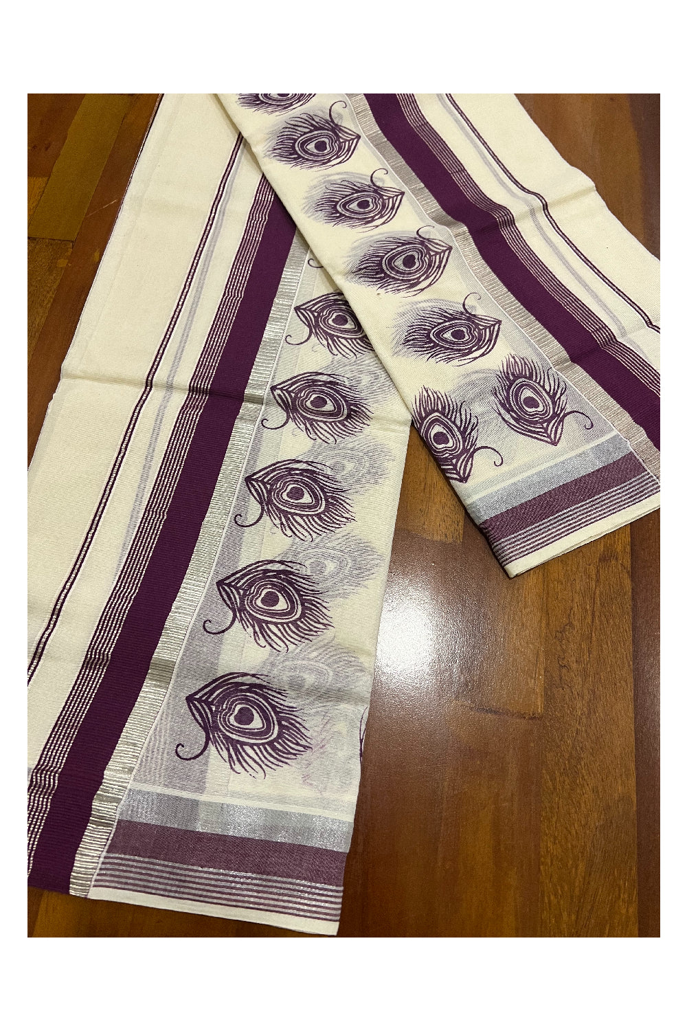 Pure Cotton Silver Kasavu Set Mundu (Mundum Neriyathum) with Purple Feather Block Prints on Border