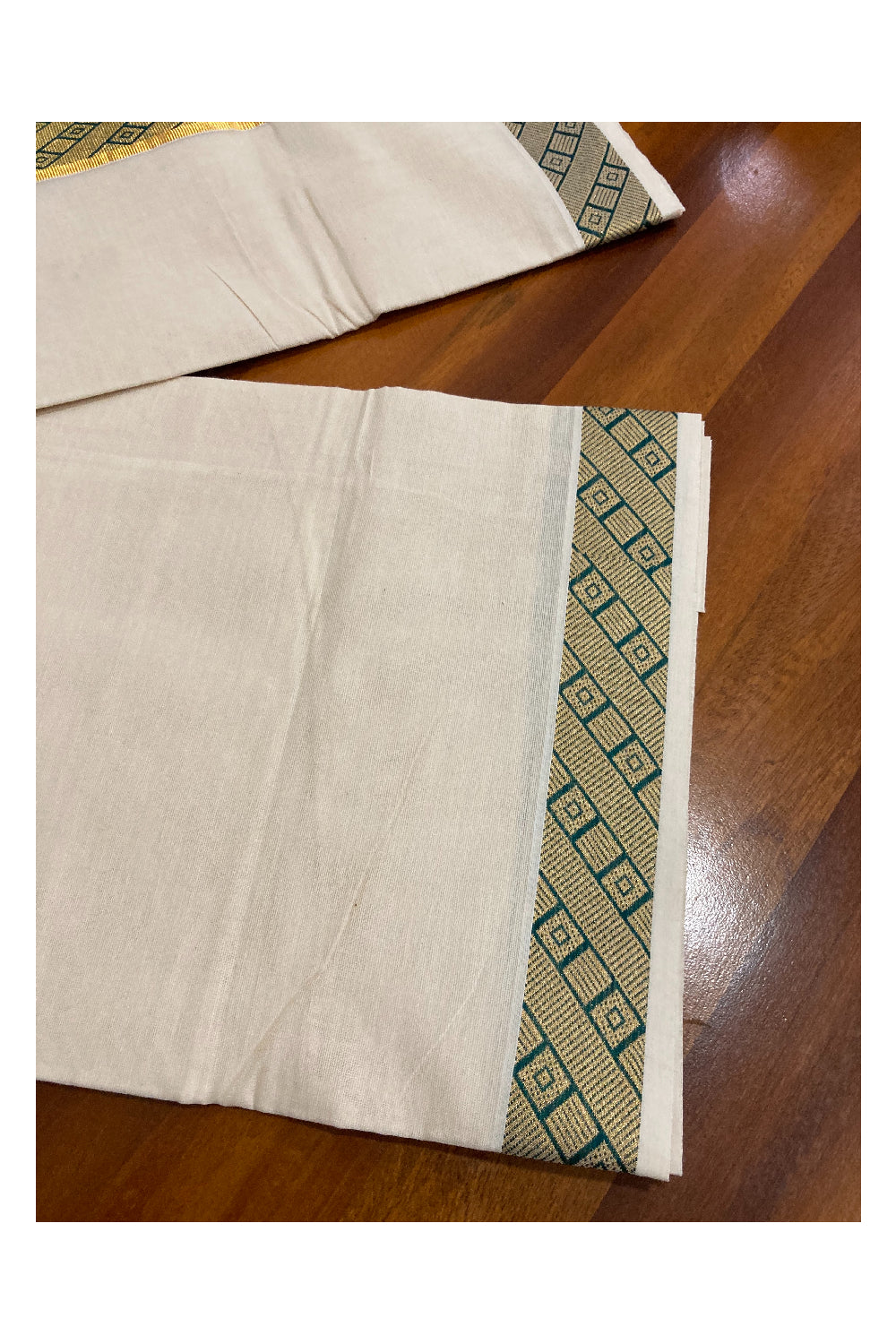 Off White Kerala Double Mundu with Kasavu and Green Woven Border (South Indian Dhoti)