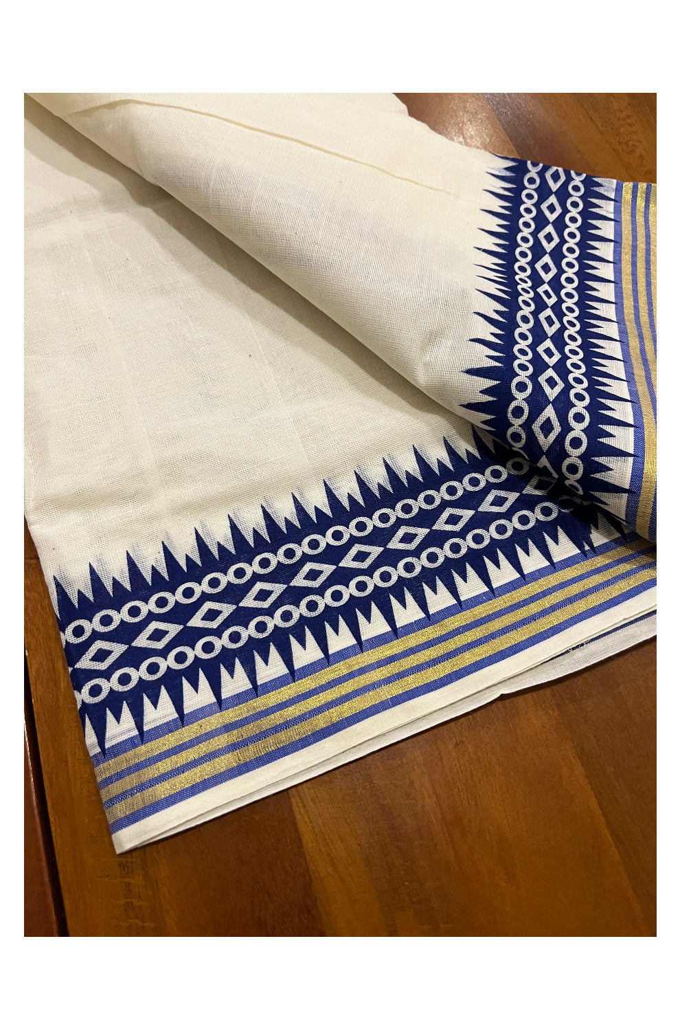 Pure Cotton Kasavu Single Set Mundu (Mundum Neriyathum Vishu 2023) with Blue Temple Block Prints on Border