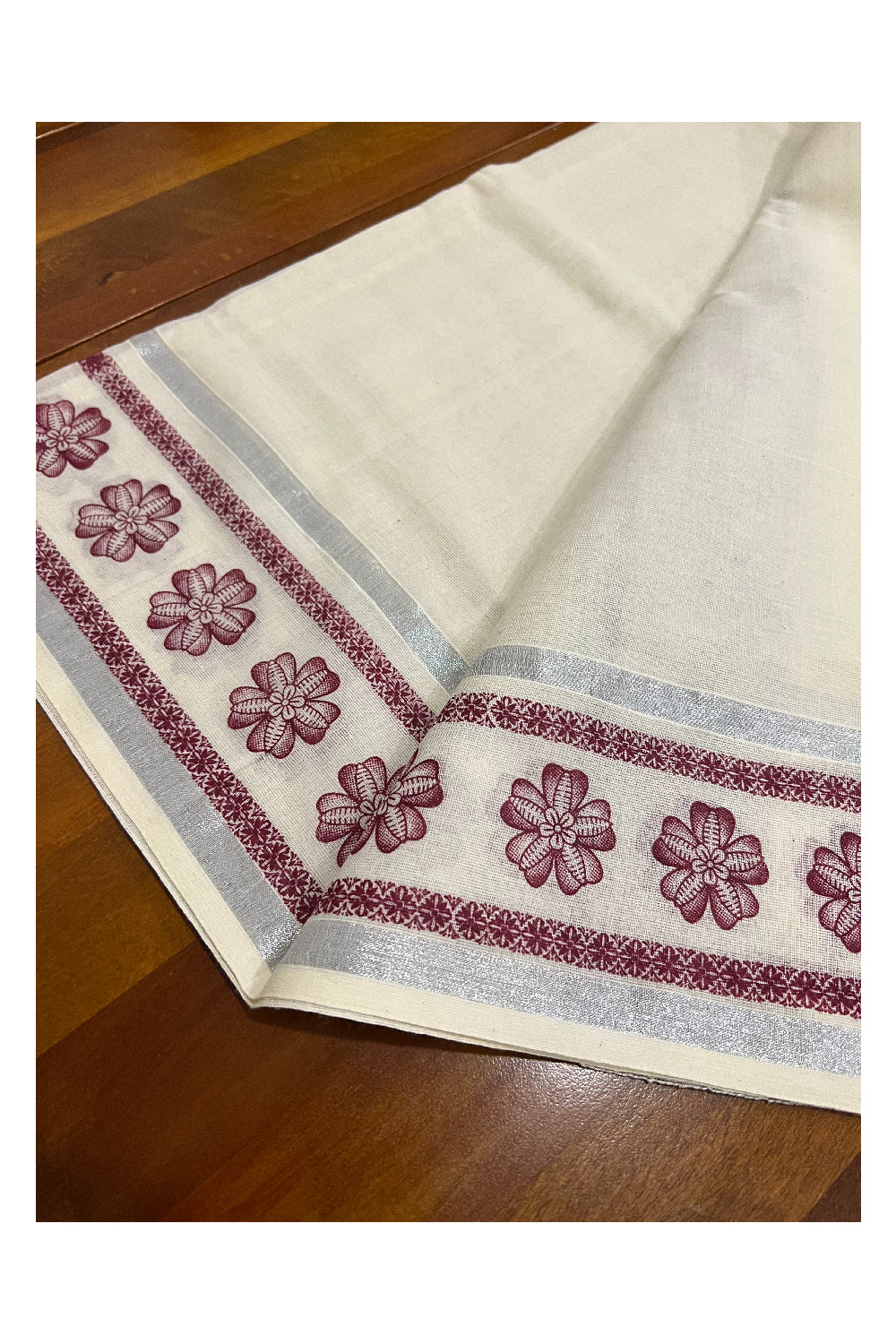 Cotton Silver Kasavu Set Mundu (Mundum Neriyathum) with Maroon Floral Block Prints on Border