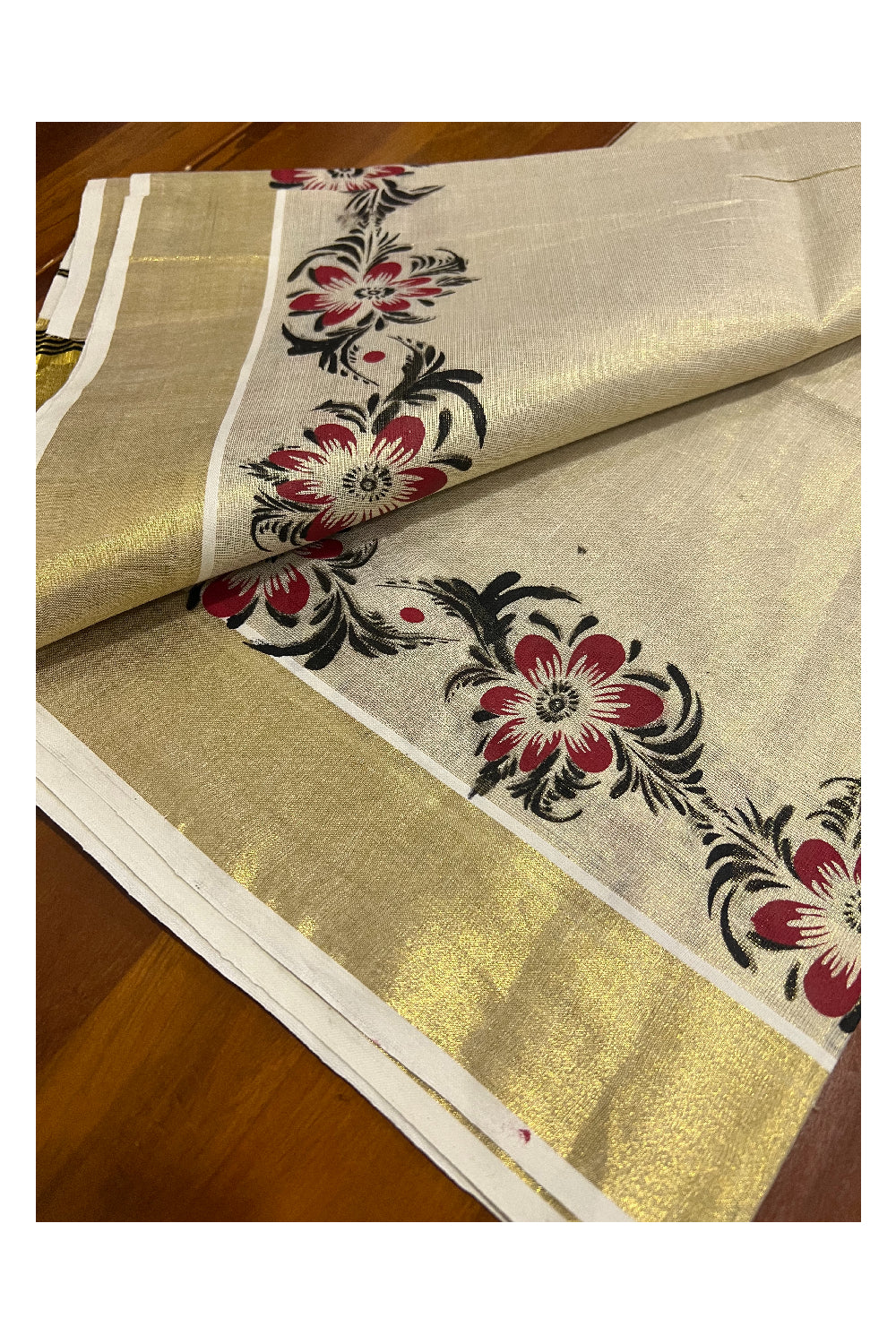 Kerala Tissue Kasavu Set Mundu (Mundum Neriyathum) with Black Red Floral Block Prints on Border