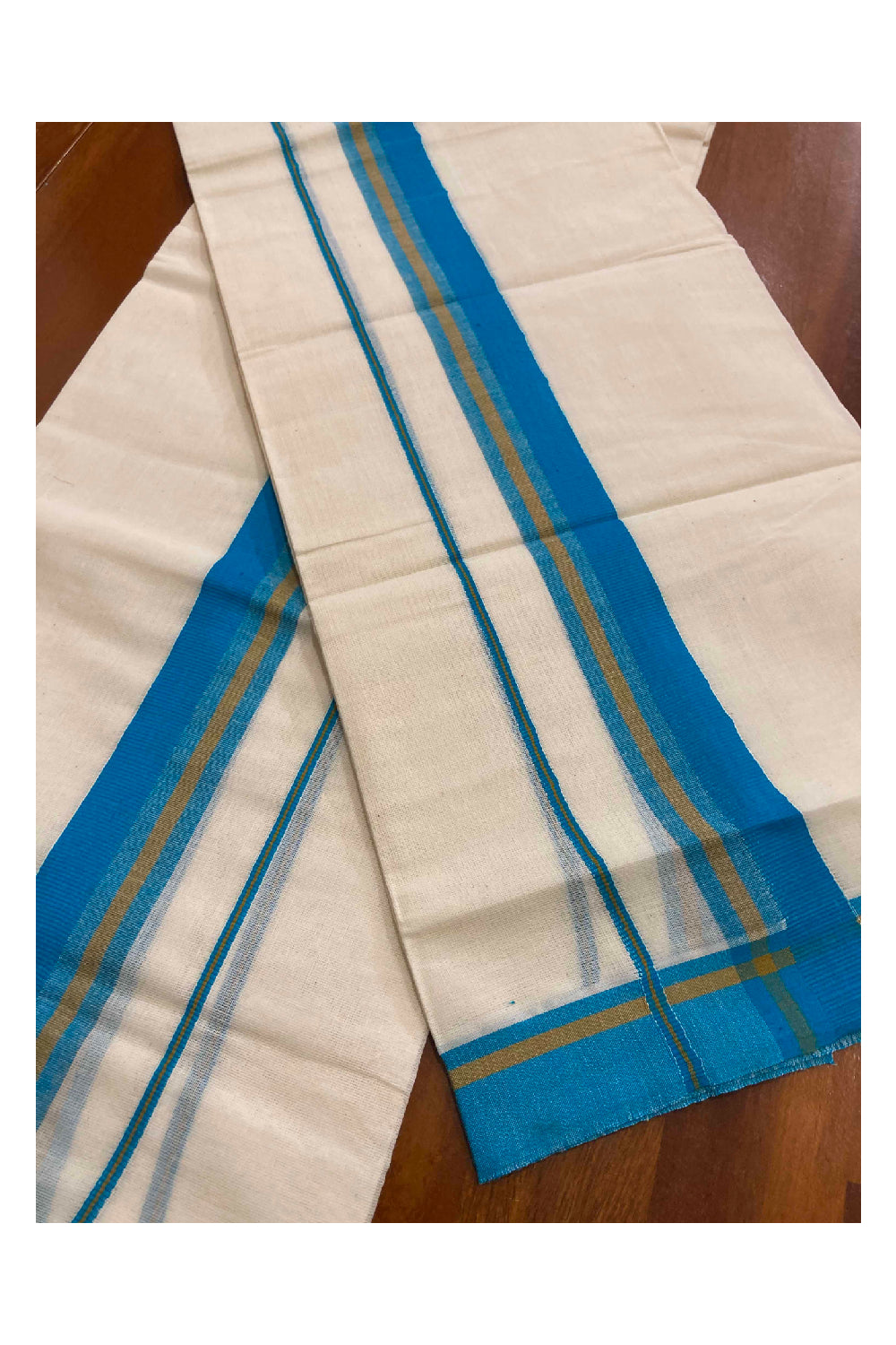Kerala Cotton Mundum Neriyathum Single (Set Mundu) with Light Blue Border