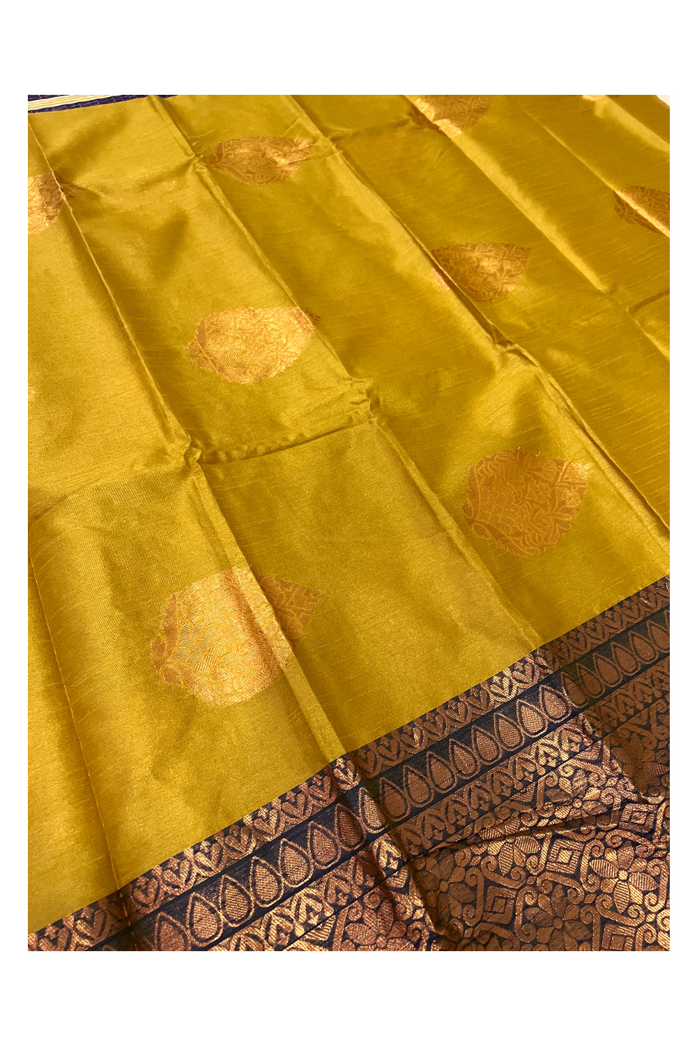 Southloom Mustard Yellow Semi Silk Designer Saree with Copper Kasavu Woven Works on Body