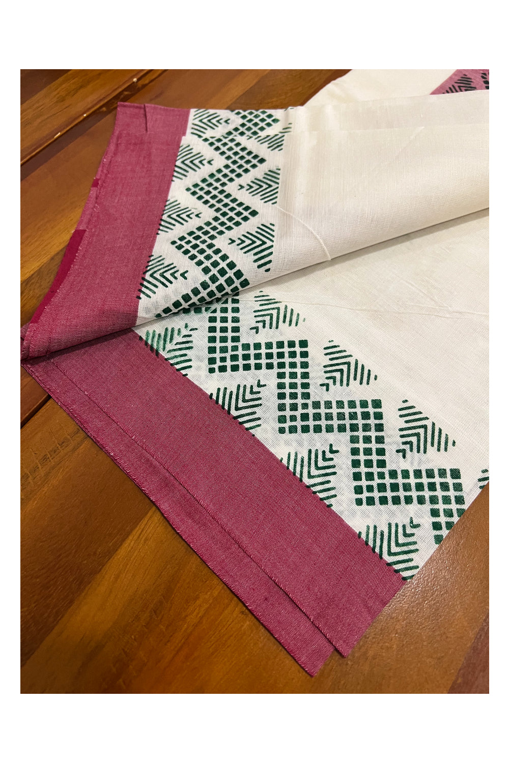 Kerala Cotton Set Mundu (Mundum Neriyathum) with Black Block Prints in Dark Red Border