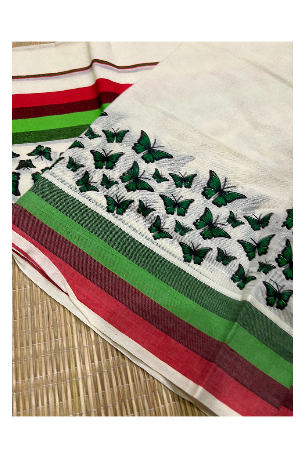 Kerala Cotton Set Mundu (Mundum Neriyathum) with Red Light Green Butterfly Block Prints on Border