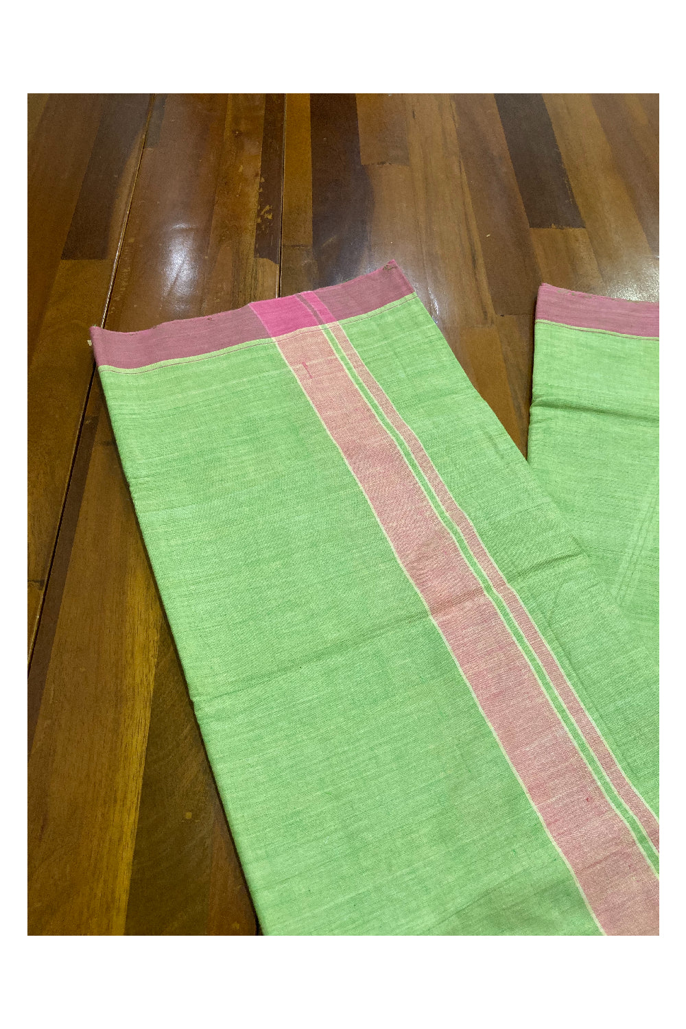 Southloom Premium Handloom Light Green Solid Single Mundu (Lungi) with Pink Border