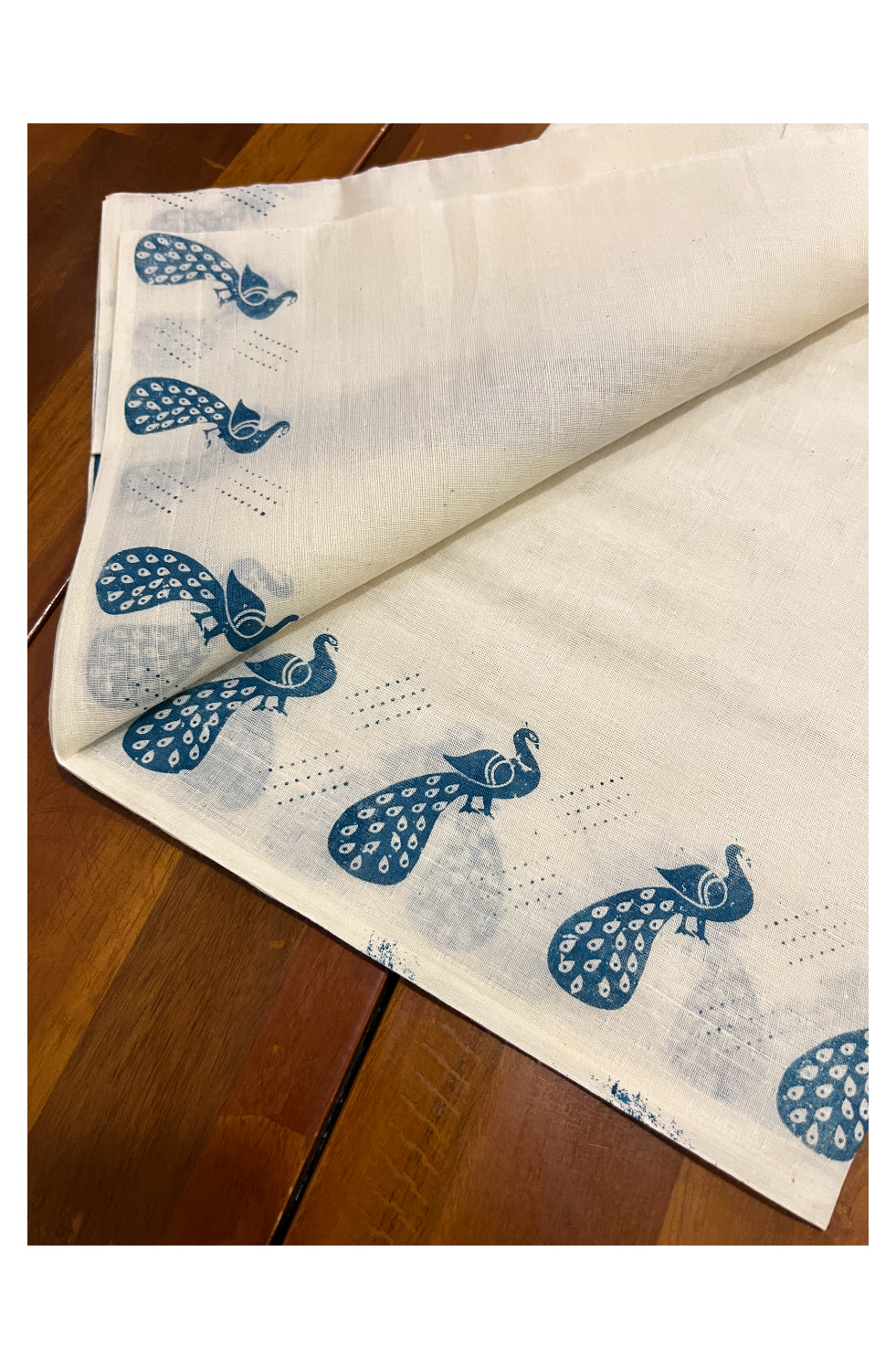 Kerala Cotton Set Mundu (Mundum Neriyathum) with Golden Peacock Block Prints on Blue Border 2.80 Mtrs