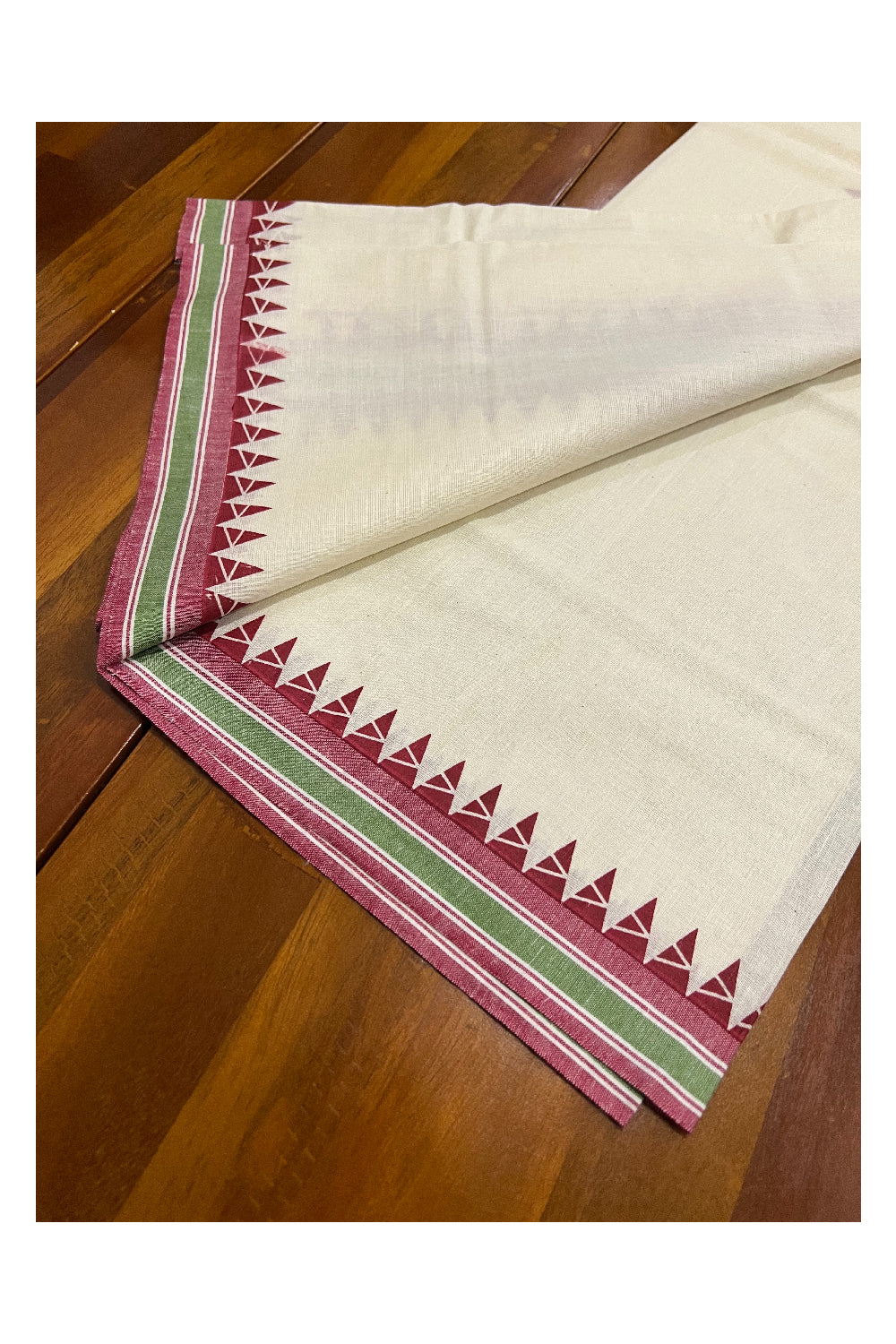 Kerala Cotton Mulloth Mundum Neriyathum Single (Set Mundu) with Dark Red Temple Block Prints on Green and Dark Red Border (Extra Soft Cotton)