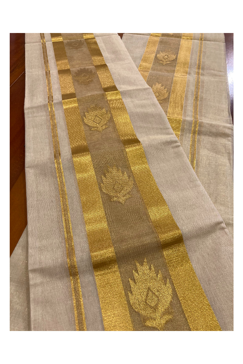 Southloom Handloom Tissue Kasavu Premium Set Mundu with Butta Work Across Border (2.80 m)