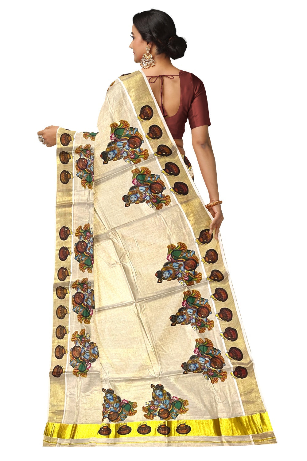 Kerala Tissue Kasavu Saree With Mural Printed Lord Krishna Design and Butter Pot Works on Border