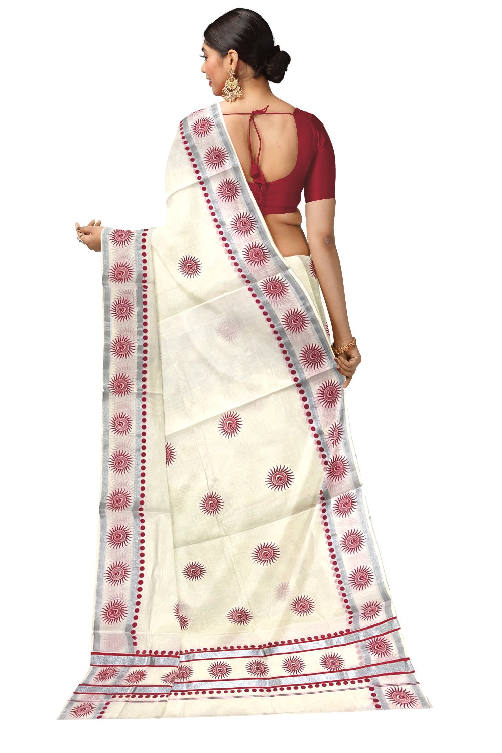 Pure Cotton Kerala Saree with Silver Kasavu Red Block Prints on Border and Tassels Works