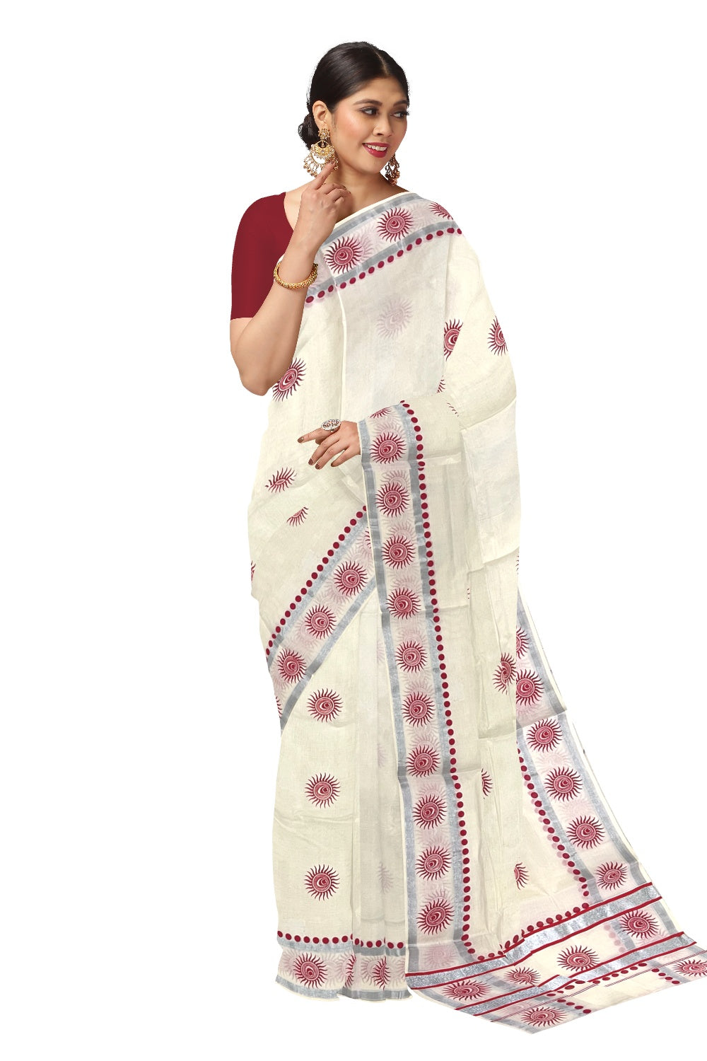Pure Cotton Kerala Saree with Silver Kasavu Red Block Prints on Border and Tassels Works