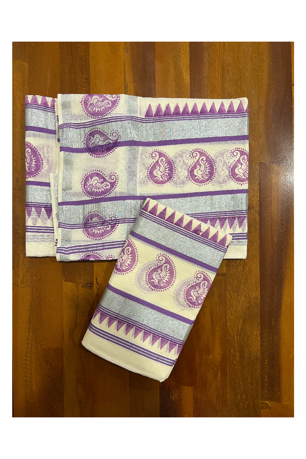Kerala Cotton Silver Kasavu Set Mundu (Mundum Neriyathum) with Violet Paisley Block Print Heavy Border