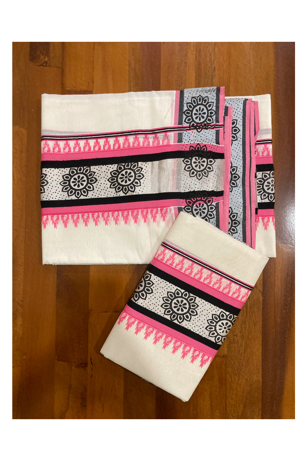 Cotton Silver Kasavu Set Mundu (Mundum Neriyathum) with Black and Pink Block Prints on Border 2.80 Mtrs