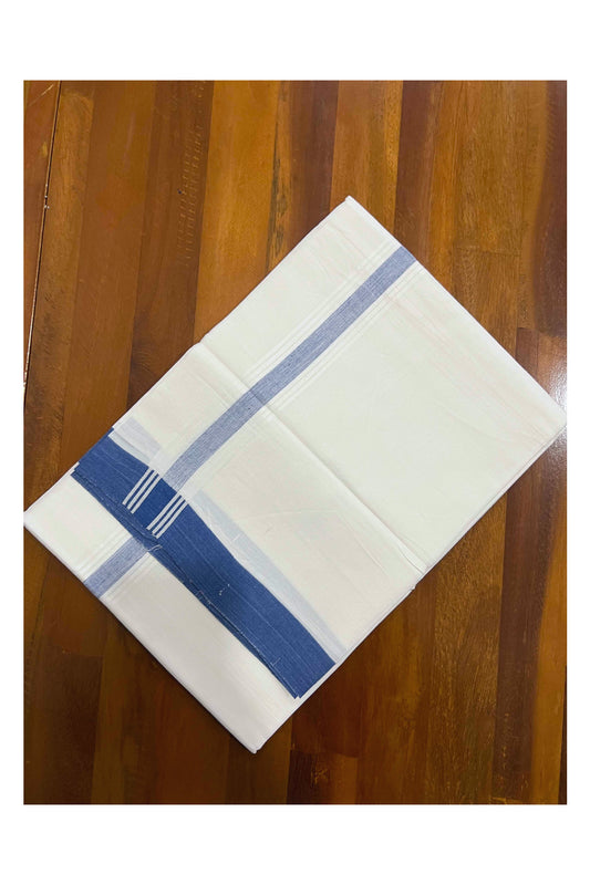 Pure White Cotton Mundu with Blue and White Kara (South Indian Dhoti)